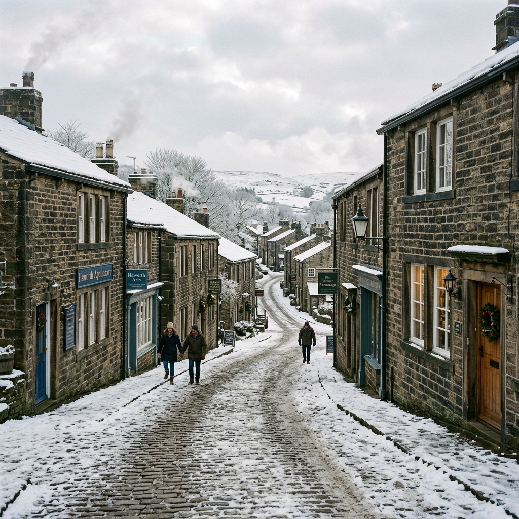Snowy cobbled Haworth street with shops and Brontë Parsonage sign
