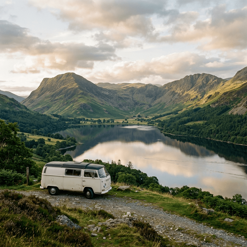 Vintage campervan parked beside a mountain lake beneath cloudy skies