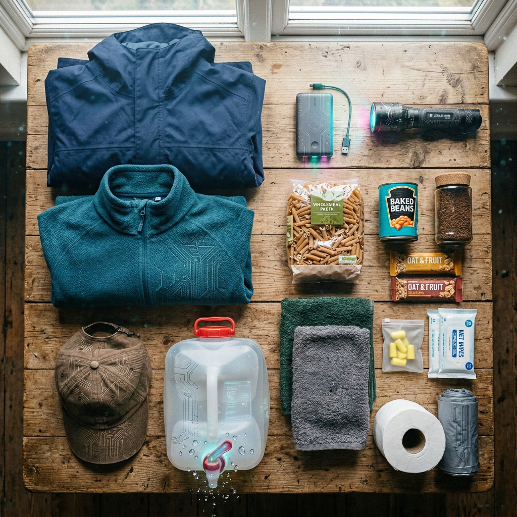 Outdoor gear and supplies including clothing, flashlight, food, water container, towels, wipes, and toiletries