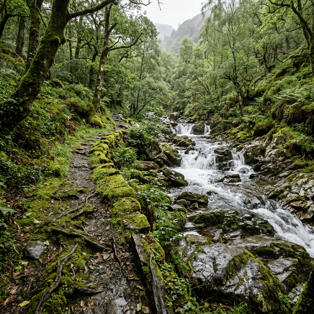 Mossy forest trail beside a cascading stream beneath dense trees