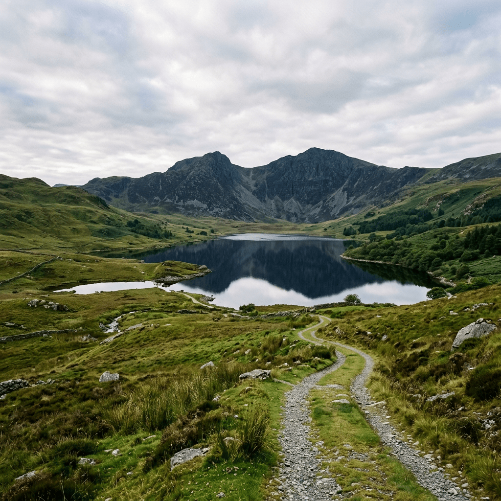 Winding trail leading to a mountain lake surrounded by green hills