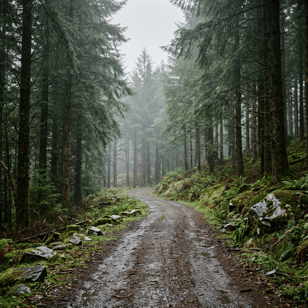 Misty forest path winding between moss-covered evergreen trees