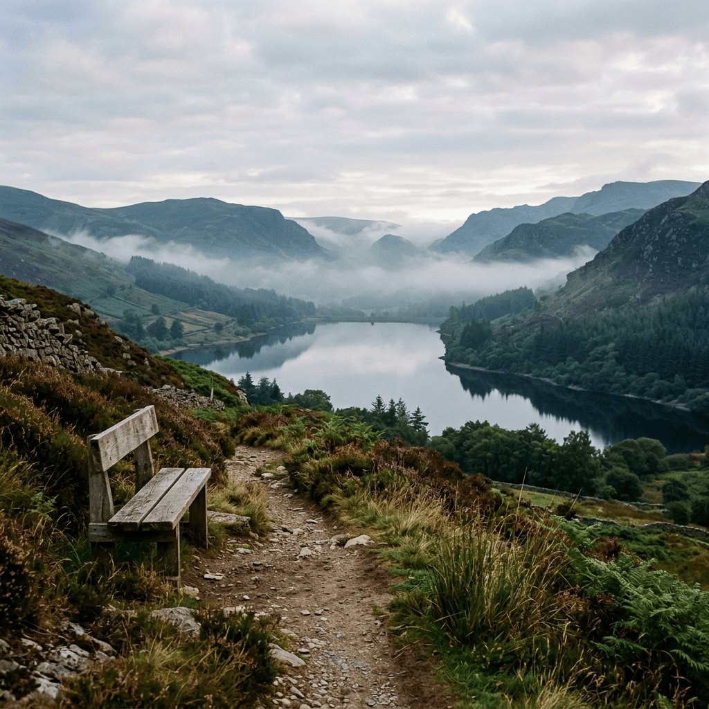 Rustic bench beside a mountain trail overlooking a misty lake