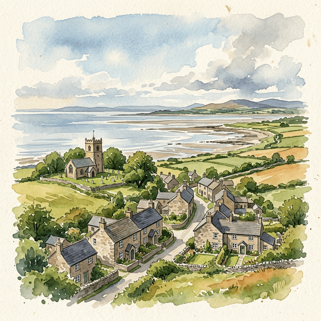 Watercolor coastal village with church, cottages, fields, tidal flats, and distant hills