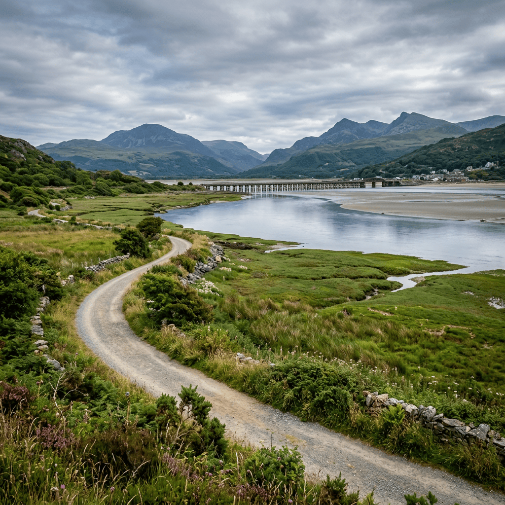 Winding country lane beside a tidal estuary with mountains and bridge