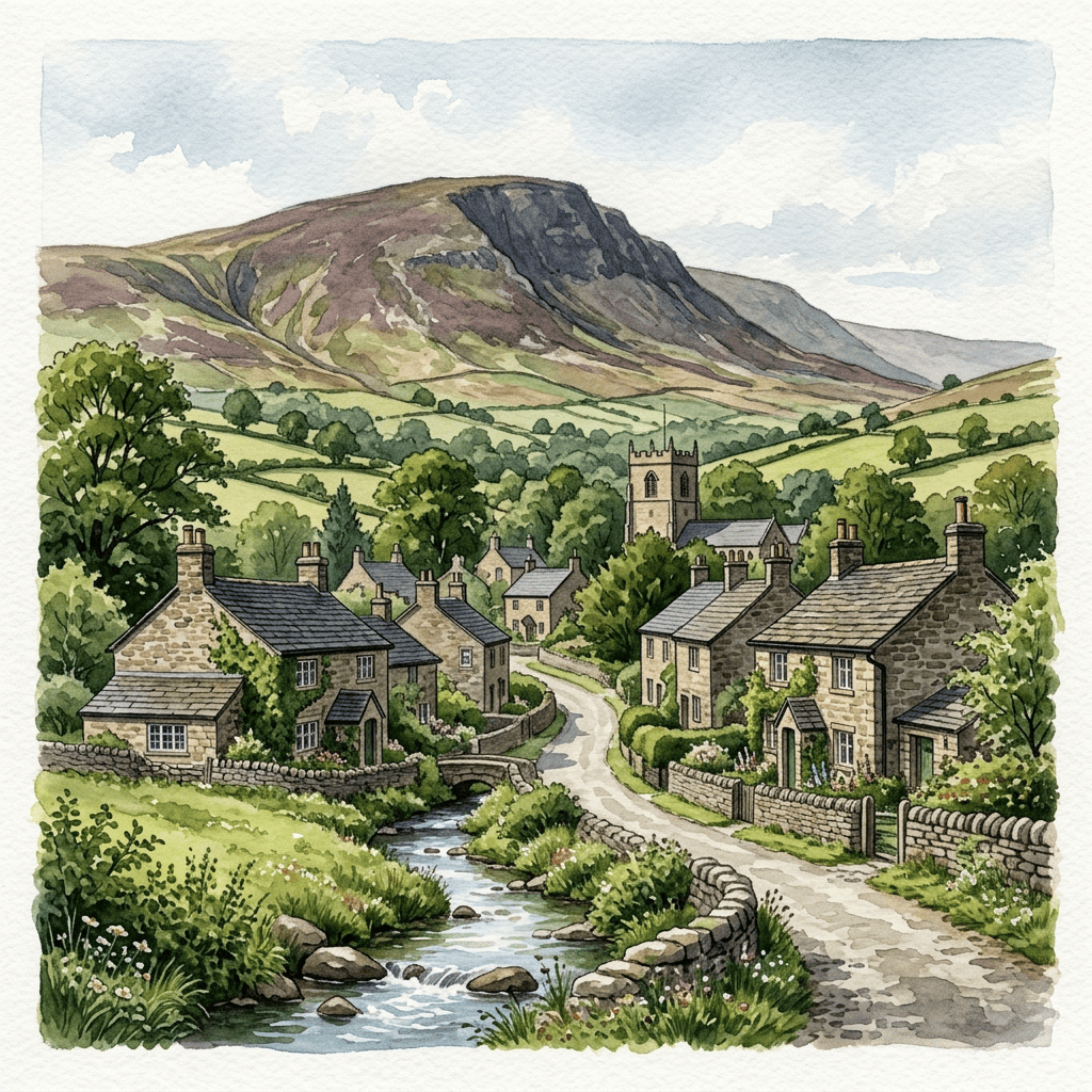 Watercolor village with stone houses, church, stream, and mountain